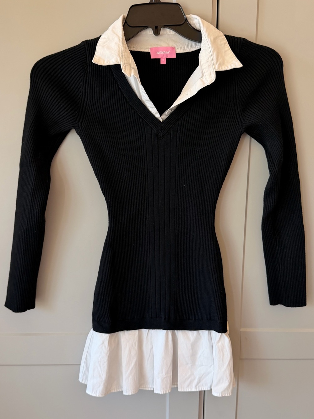 Edikted Black White 2-in-1 Collared Ribbed Sweater Mini Dress Preppy XS